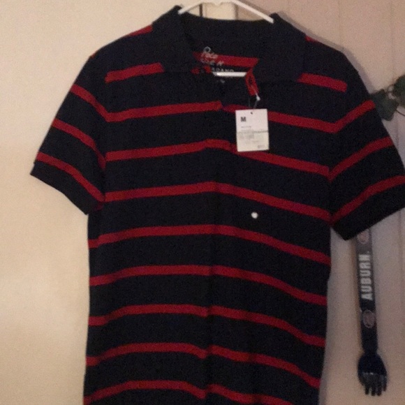 Mens medium tapered fit polo. Navy and red stripes - Picture 1 of 4